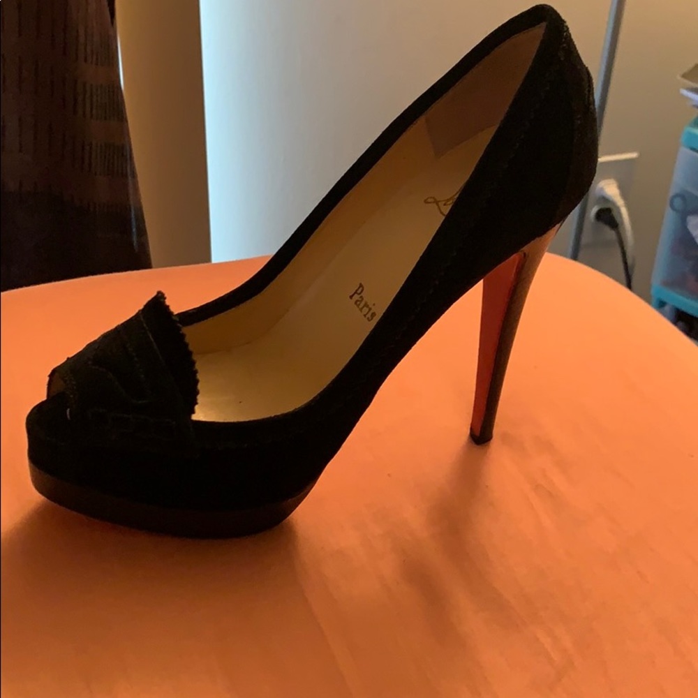Black suede Christian Louboutin Peep toe pumps